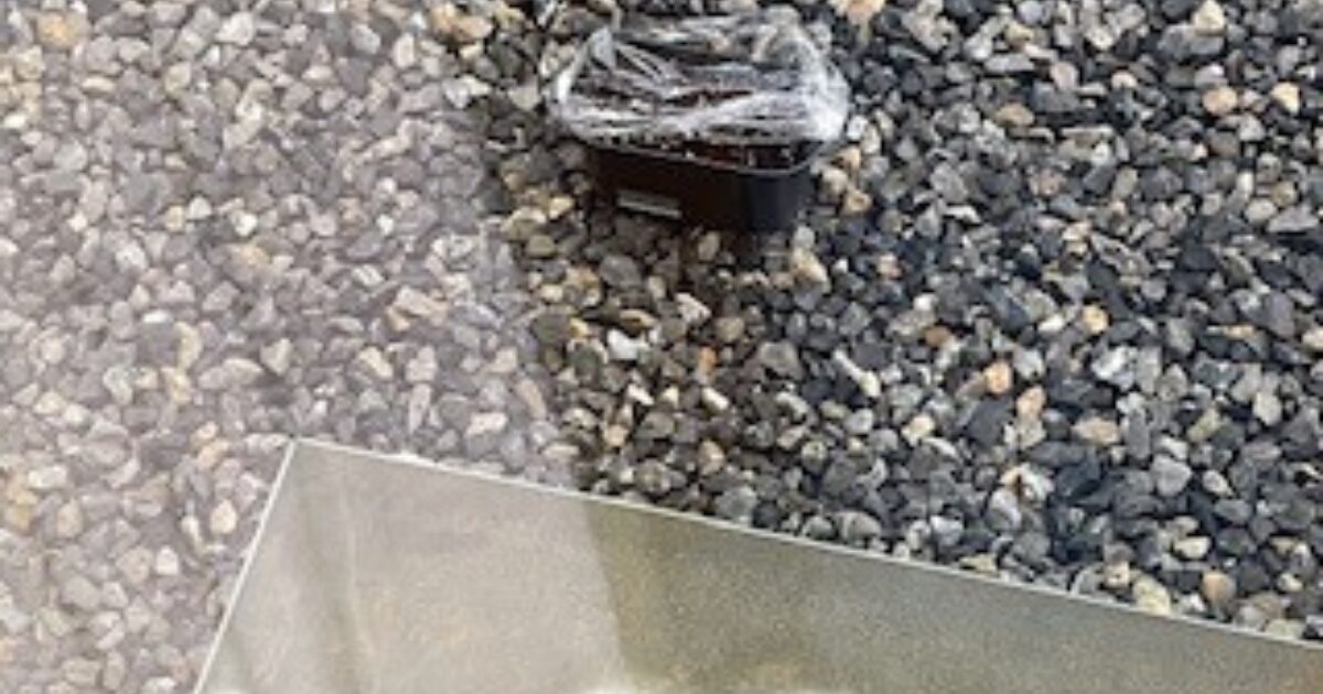 室内からサランラップして保温しているプランターを観察している