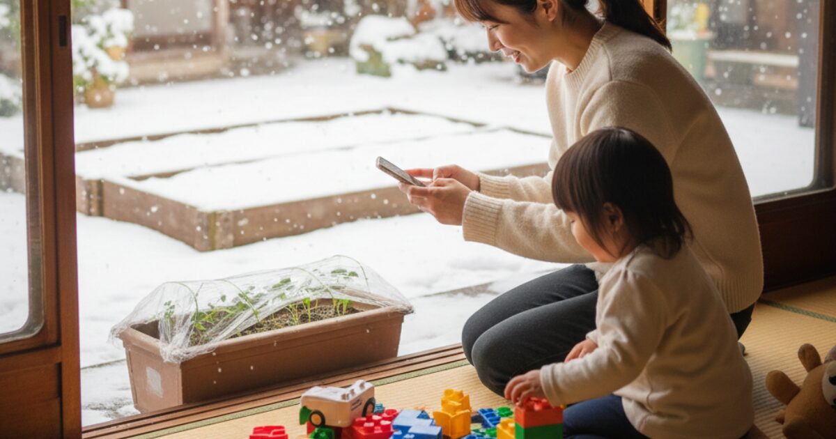 母親が家庭菜園のプランターをスマホで記録し、その隣で子供がオモチャで遊んでいる様子