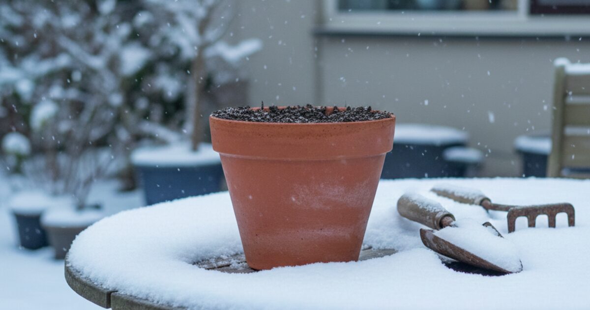 寒い冬で雪の中に放置されたプランター