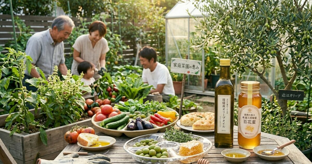 家庭菜園でとれた野菜にはちみつとオリーブオイルをかけて食べている家族のイメージ図