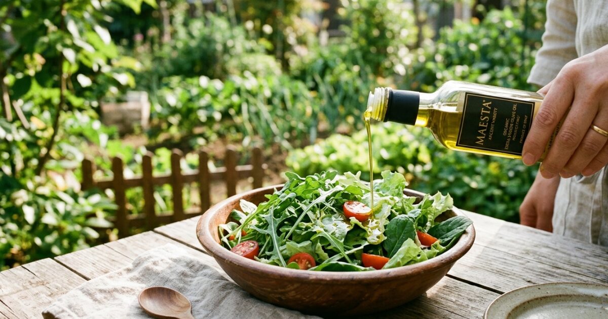 野菜にオリーブオイルをかけている男性のイメージ図