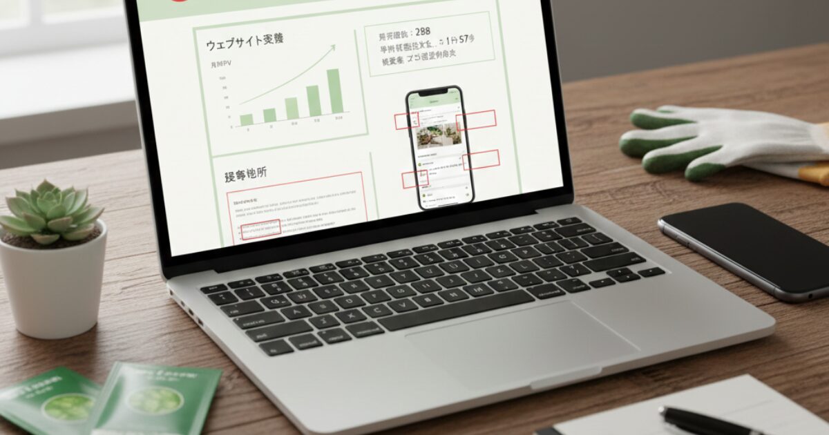 お仕事依頼をしているパソコンと机の上に家庭菜園グッズがある様子